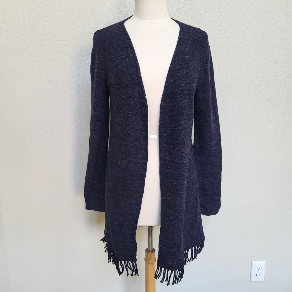 Talbots Cardigan Sweater Womens Medium Blue Open Front Fringe Casual Layering